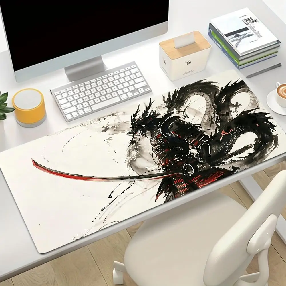 Japanese Ukiyo E Samurai Dragon Art mousepad Non‑Slip Natural Rubber table mat For laptop office desktop bedroom learning games