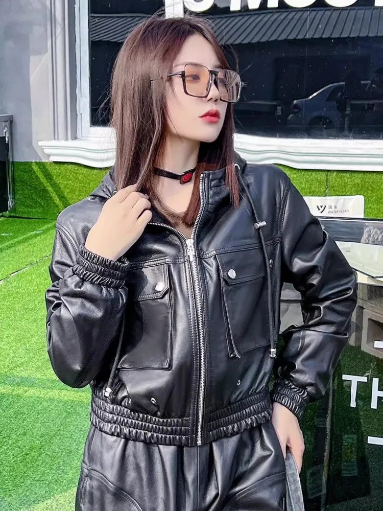 Boyfriend Style Women Hooded Cargo Jacket Motorcycle Biker Sheepskin Genuine Leather Jacket Pockets Spring Autumn Outerwear Coat