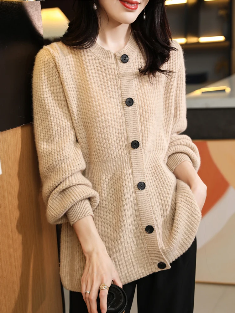 

2024 New Fashion Women Button Cardigan O-neck Cashmere Sweater 100% Merino Wool Thick Knitwear Female Grace Soft Mid-Length Top