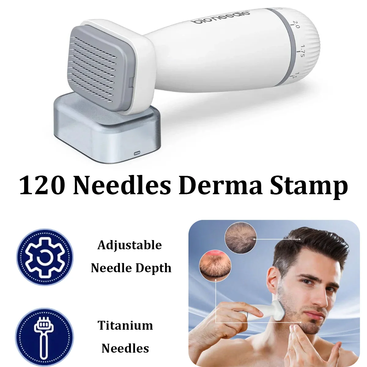 120 Needles Derma Stamp Adjustable Bio Needle Portable Scalp Massage Skin Care Tool Compact Suitable for Facial Scalp Beard Body