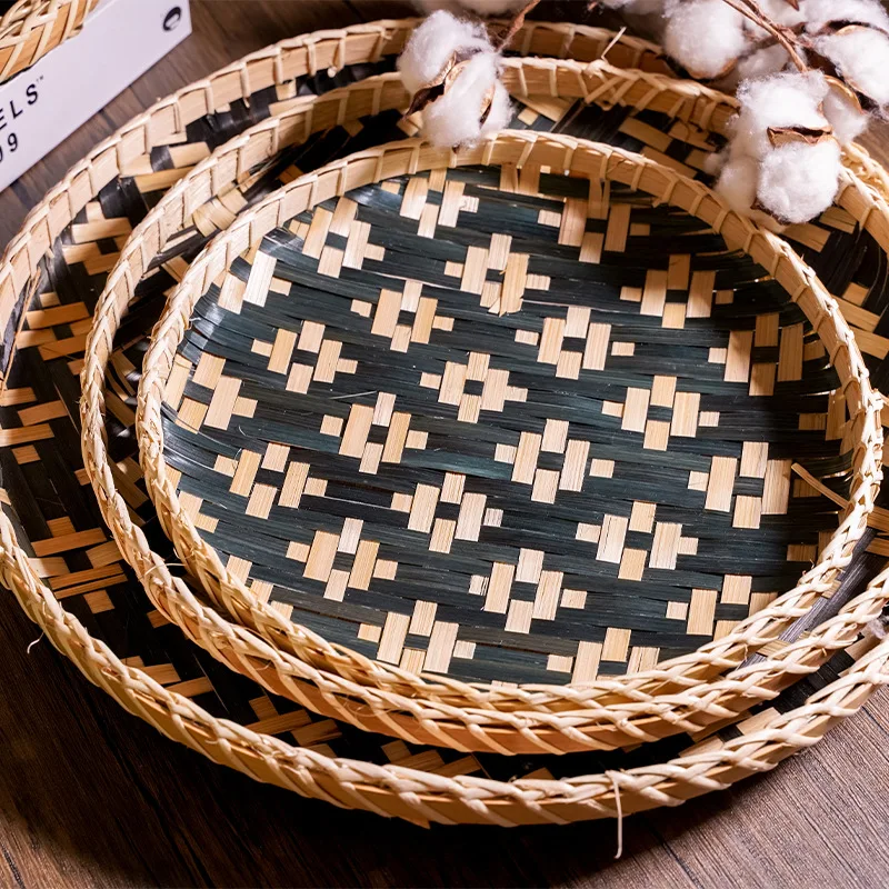 

Bamboo woven handmade round tray hand pattern Chinese water tray storage tray