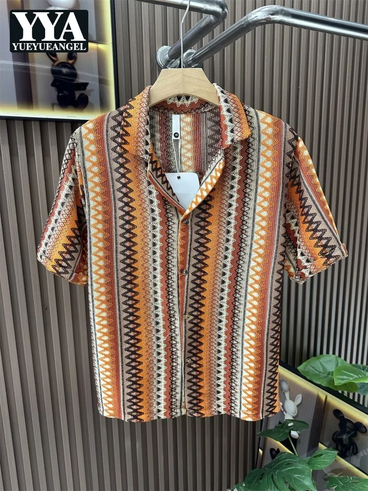 

Vintage Casual Shirt Male Ethnic Style Single Breasted Short Sleeve Striped Shirts Mens Bohemian Holiday Summer Hollow Out Tops