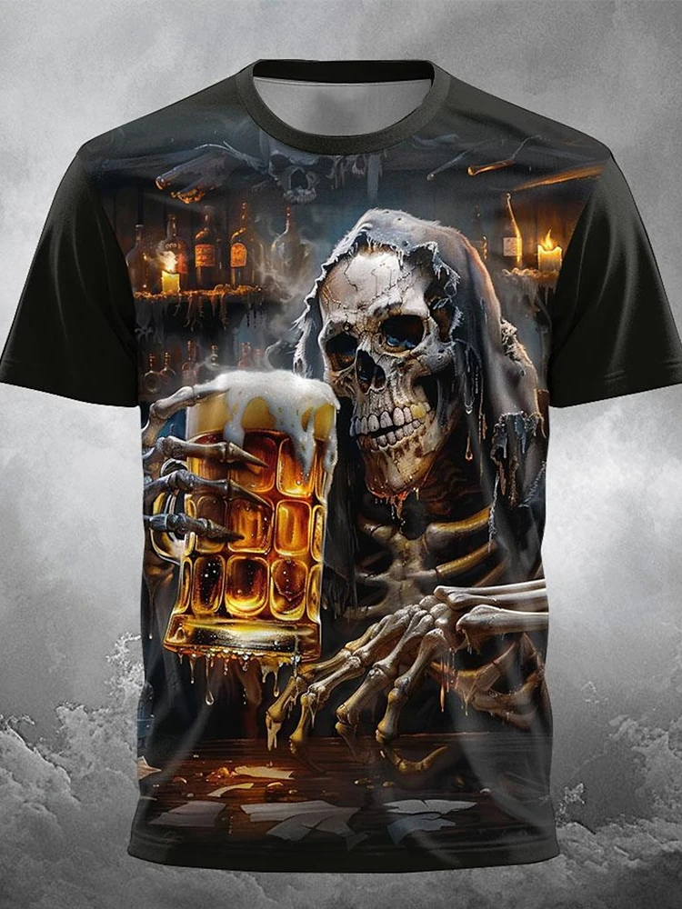 2024 New Halloween Men's T-shirt Skull Reaper And Beer Print Men's Fashion T-shirt Street Everyday Casual Men's Loose T-shirt