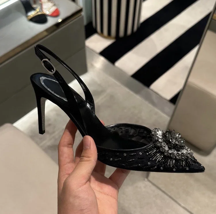 Crystal Baotou Sandals 2025 New Water Diamond Straight Line with Pointed High Heels Sexy Single Shoes White Wedding Shoes