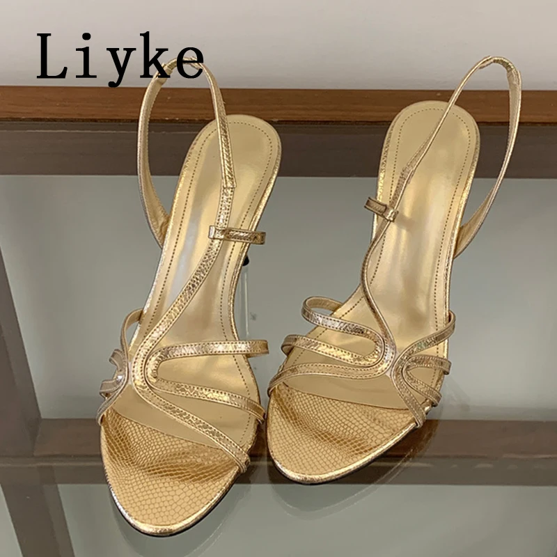 Sandalias de tacón alto con correa trasera y banda estrecha, en color dorado y plateado, para mujer, ideales para el verano, con diseño abierto en la punta, perfectas para fiestas y para combinar con vestidos. Zapatos de mujer.