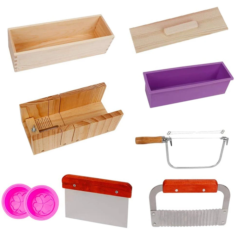 9PCS Silicone Soap Molds Kit,Rectangular Wooden Silicone Soap Mold Cutter SlicerHandmade Soap DIY for Soap Cake Making