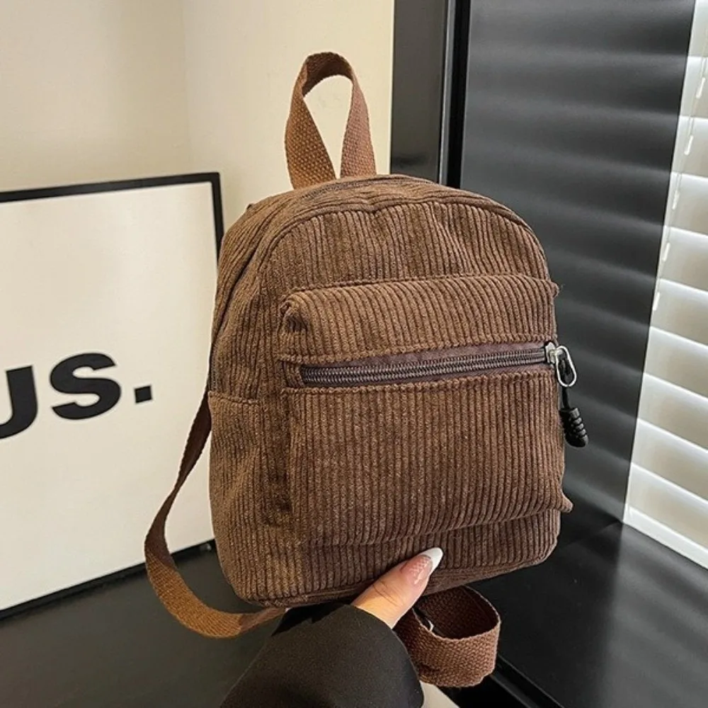 Fashion Solid Color Corduroy Mini Backpack Zipper Lightweight Double Shoulder Bag Multi Pocket Vintage Daypack Ladies