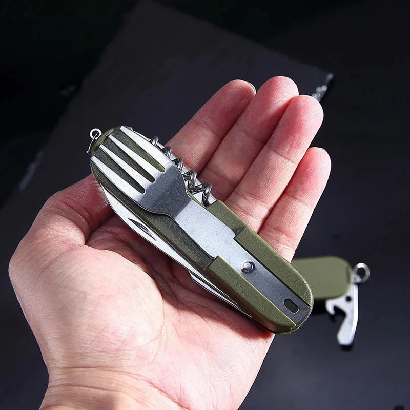 Cuchillo de Picnic plegable para acampada, cuchillo portátil de acero inoxidable, tenedor verde militar, cuchara, abrebotellas, vajilla, Kit de viaje