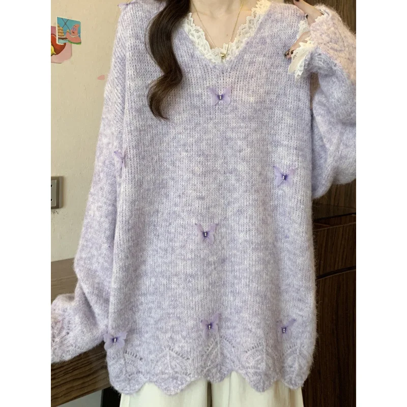 الخريف الشتاء ارتداء حجم كبير الدانتيل الفرنسي محبوك سترة المرأة موضة لينة مريحة قاعدة طبقة الخامس الرقبة فضفاضة التخسيس