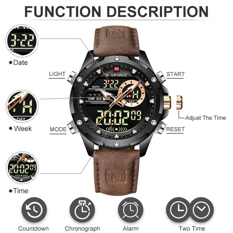 NAVIFORCE Digital Men Military Watch Waterproof Wristwatch LED Quartz Clock Sport Watch Male Big Watches Men Relogios Masculino