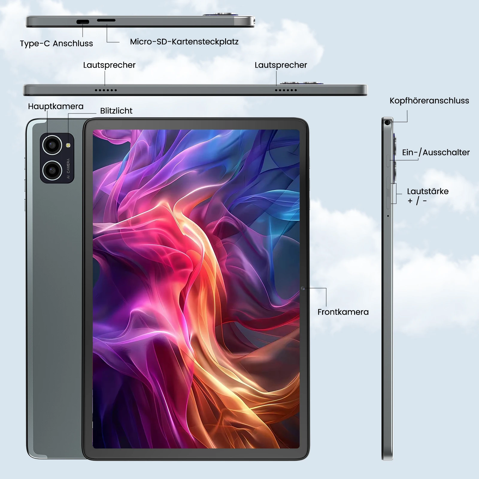 Tablet Android 14 Tablet con processore Octa-Core da 6000 MAH, touch screen IPS da 8 GB RAM 128 GB ROM, con fotocamera da 5 MP + 8 MP, Wi-Fi 6