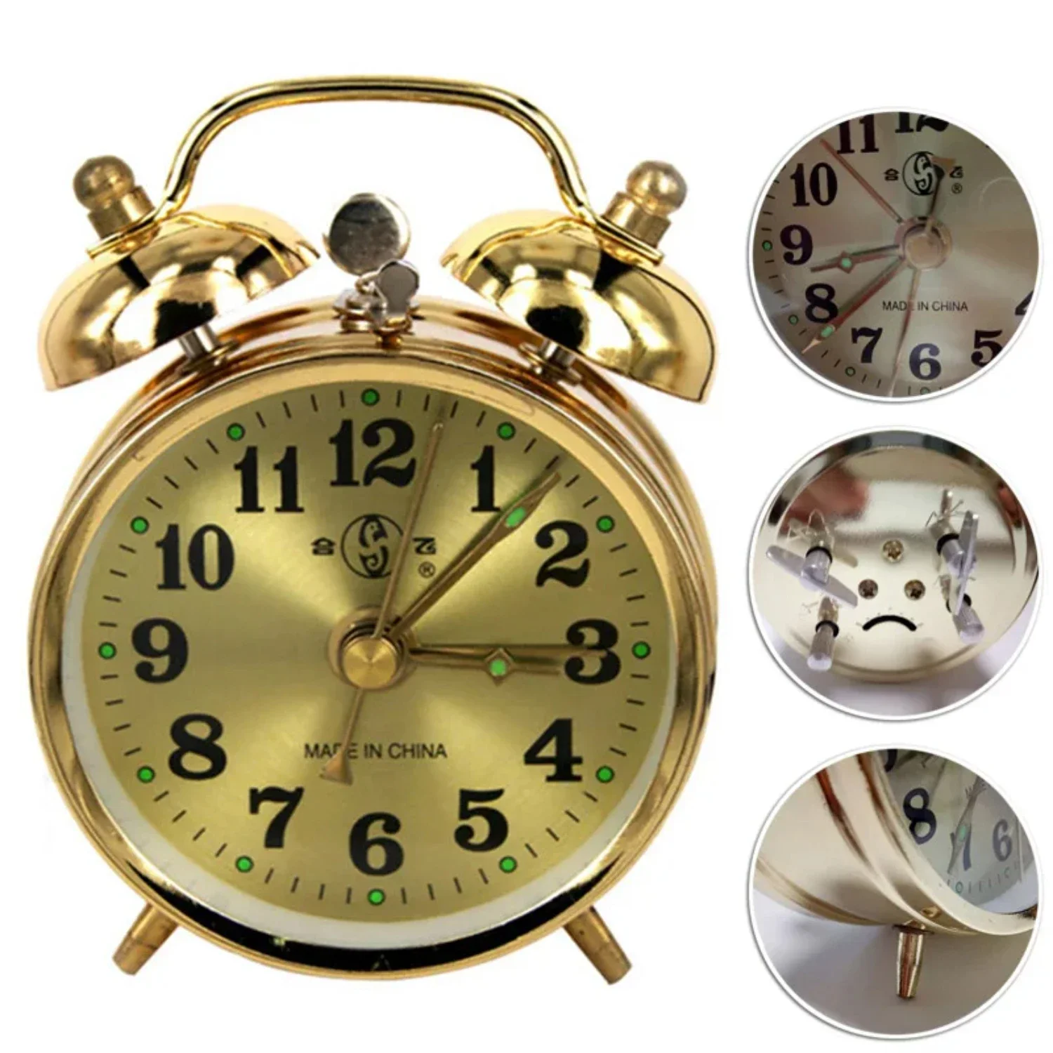 

Vintage Gold Metal Mechanical Alarm Clock Table Decoration with Digital Accessories & Manual Wind Rod Bell Horseshoe Electronics