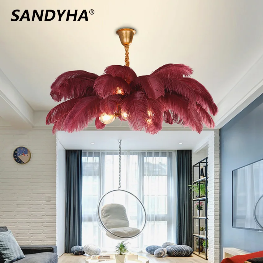 

SANDYHA Nordic LED Luxury Ostrich Feather Chandelier Black White Pink Brown Ceiling Lamp For Living Room Bedroom Pendant Lights