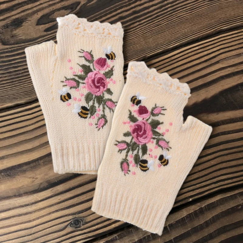 Winter Half Finger Gloves Knit Fingerless Mittens wth Thumb Hole Floral Embroidery Solid Color Hand Warmer for Women