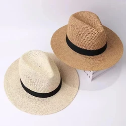 Black Ribbon Band Panama Hats Summer Women Sun Hat for Men Jazz Top Wide Brim Staw Beach Hat Derby Party Wedding Hat