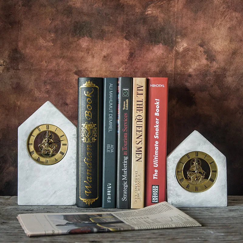 Simple Light Luxury Marble Clock Table Bookend Decoration Living Room Bedroom Villa Office Bookcase Crystal Stone Clock
