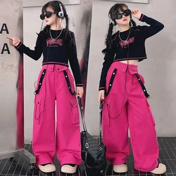 autumn teen girls Street Dance Set cotton t-shirt+pink cargo pants 2pcs junior kids clothes suit child outfits vetement fille 14