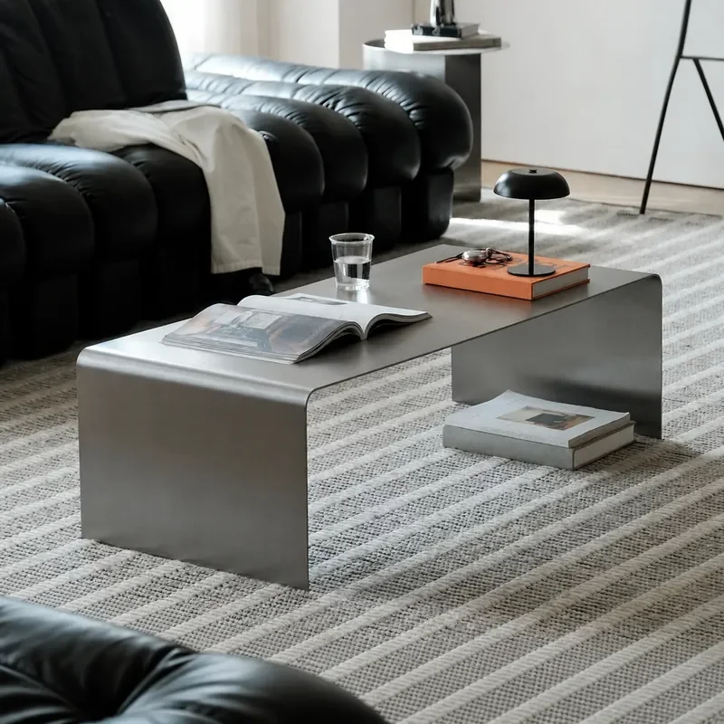 Modern Stainless Steel Coffee Table Brushed Silver Finish Simple Light Luxury Solid Wood Tea Table for Living Room Furniture