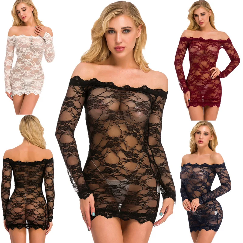 

Erotic One Piece Sexy Outfit Lingerie Women Off Shoulder Neck Teddies Bodysuit Mesh Long Sleeve Underwear