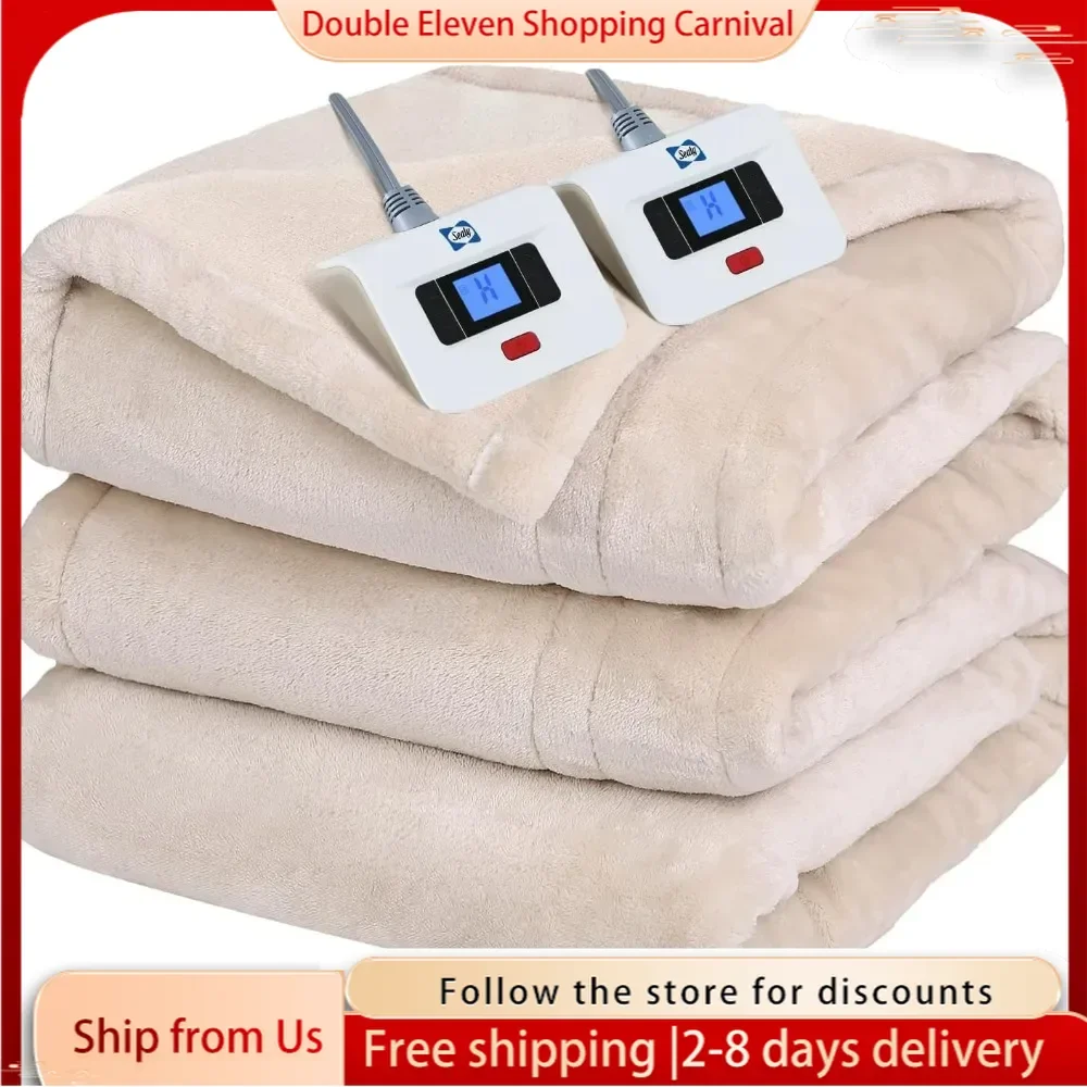 Electric Blanket King Size, Flannel Heated Blanket with 10 Heating Levels & 1-12 Hours Auto Shut Off,  Beige, 100 x 90 Inch