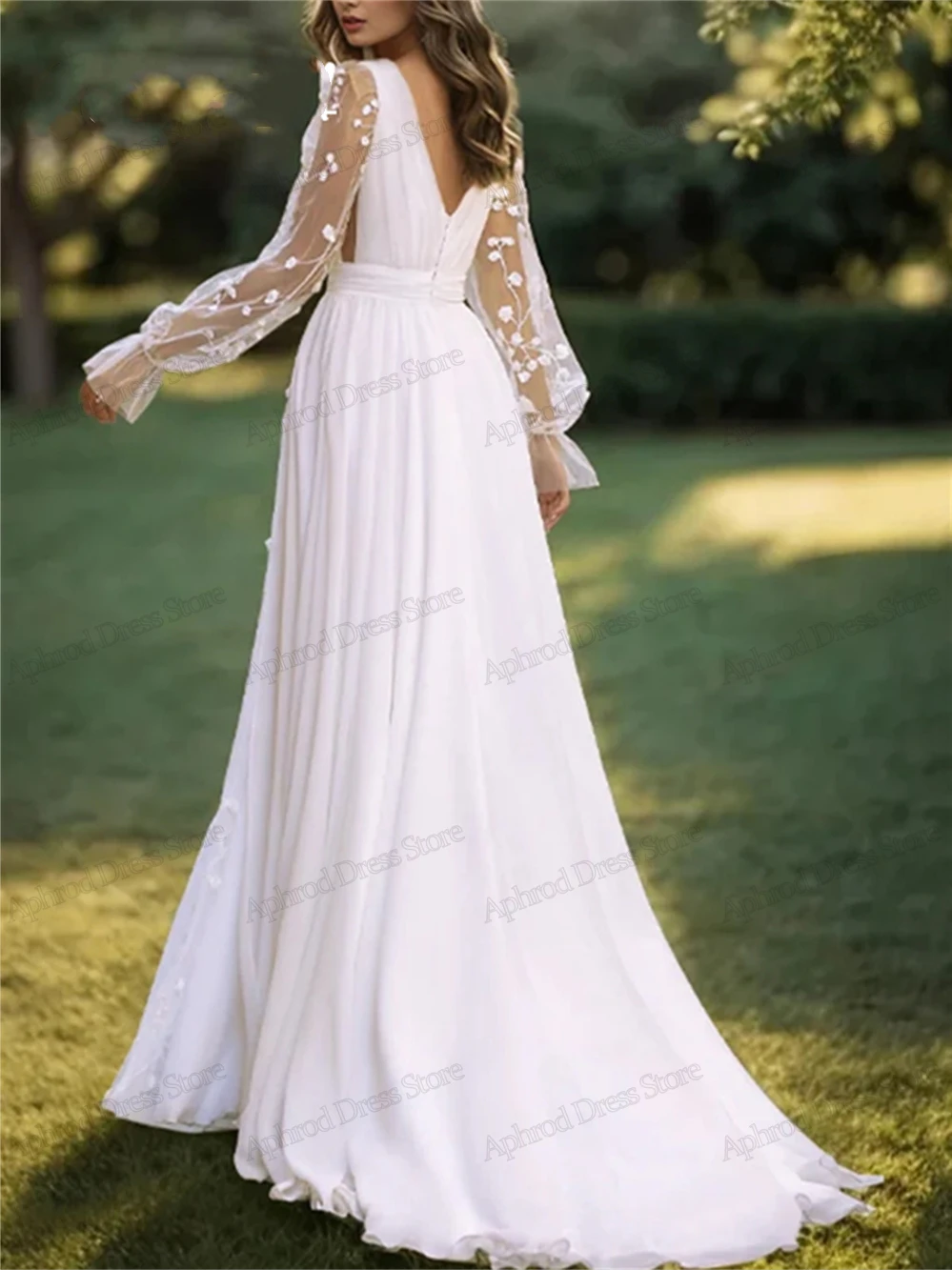 Modern Wedding Dresses A-Line Chiffon Bridal Gowns Lace Appliques Long Puff Sleeves Deep V-Neck Robes Graceful Vestidos De Novia