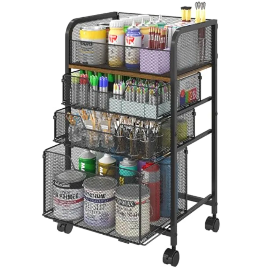 

4-Tier Rolling Utility Cart with 3 Drawers-Craft Organizers and Storage with 360° Lockable Wheels, Art Supply Storage Organizer