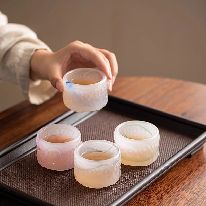 4pc Set Ancient‑Style Colored Glaze Cloud Pattern Thumb‑Shaped Tea Cup High‑End Kungfu Teacup Gift Box Set for Home Use