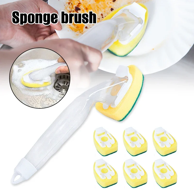 Soap Dispensing Dish Cleaning Brush Set, Replacement Sponge Refill Liquid Washing Home Kitchen Sink Cleaning Tool