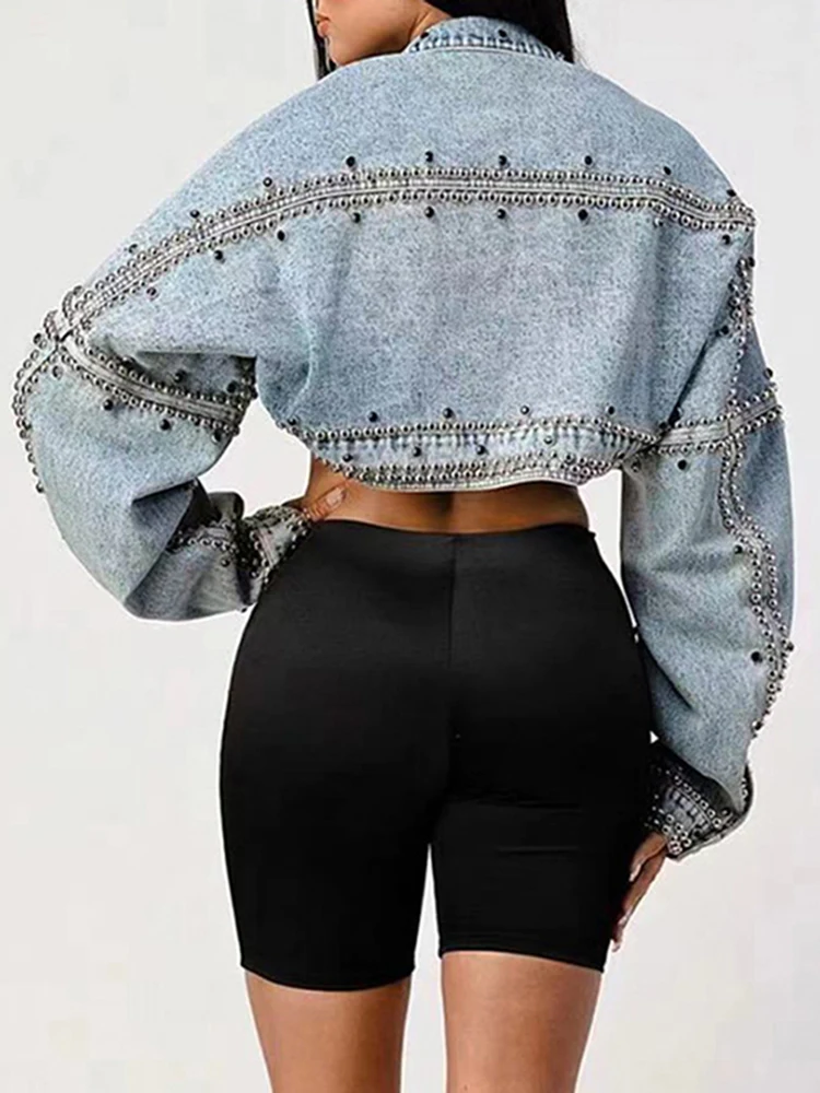 DEAT Casual Fashion Women\'s Denim Jackets New Solid Long Sleeve Turn-down Collar Patchwork Rivet Coat Female Summer 2024 17A1756