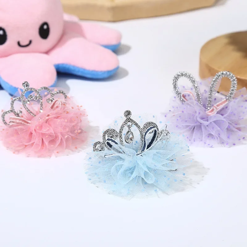 Children's Crown Barrettes Female Mesh Hairpin Girl Small Crown Word Clip Head Clip Rhinestone Temperament Does Not Hurt Hair