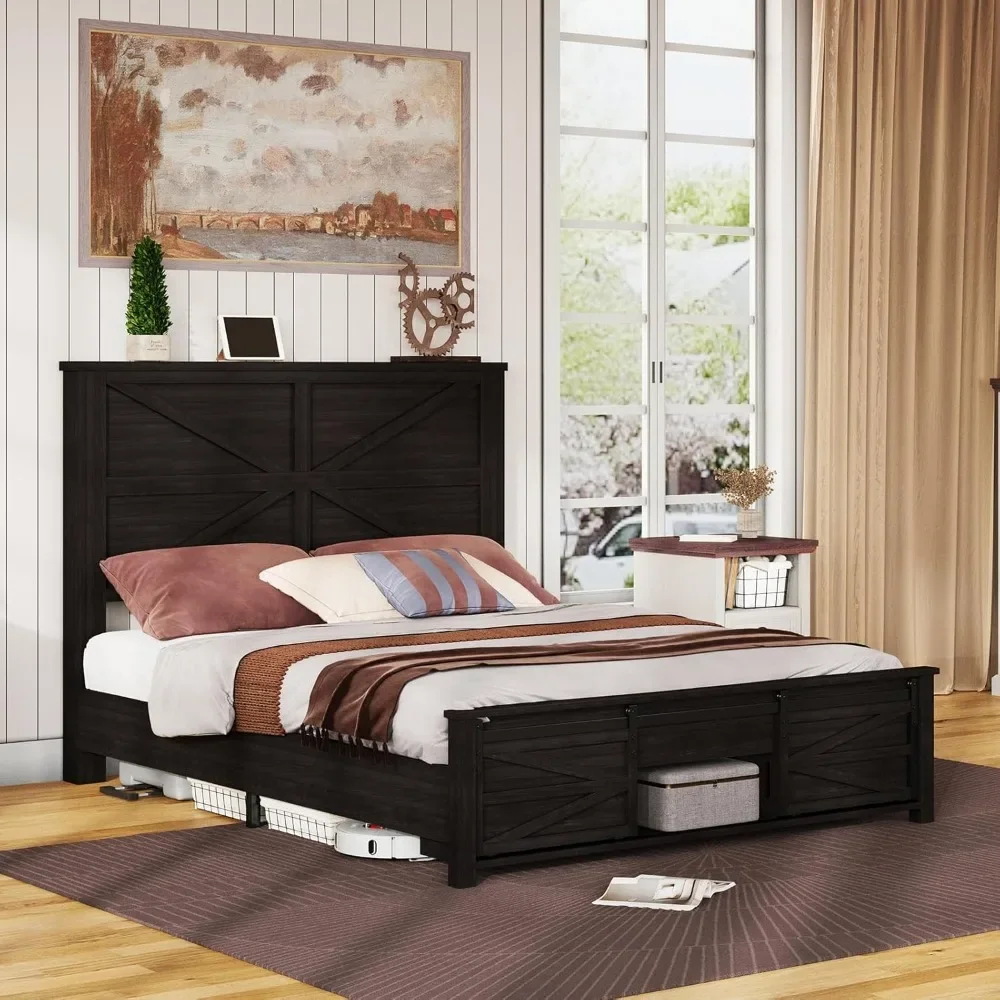 Full Wood Bed Frame with Sliding Barn Door Storage Cabinets & Headboard，Solid Wood Slats Support，No Squeak，Bed Frame