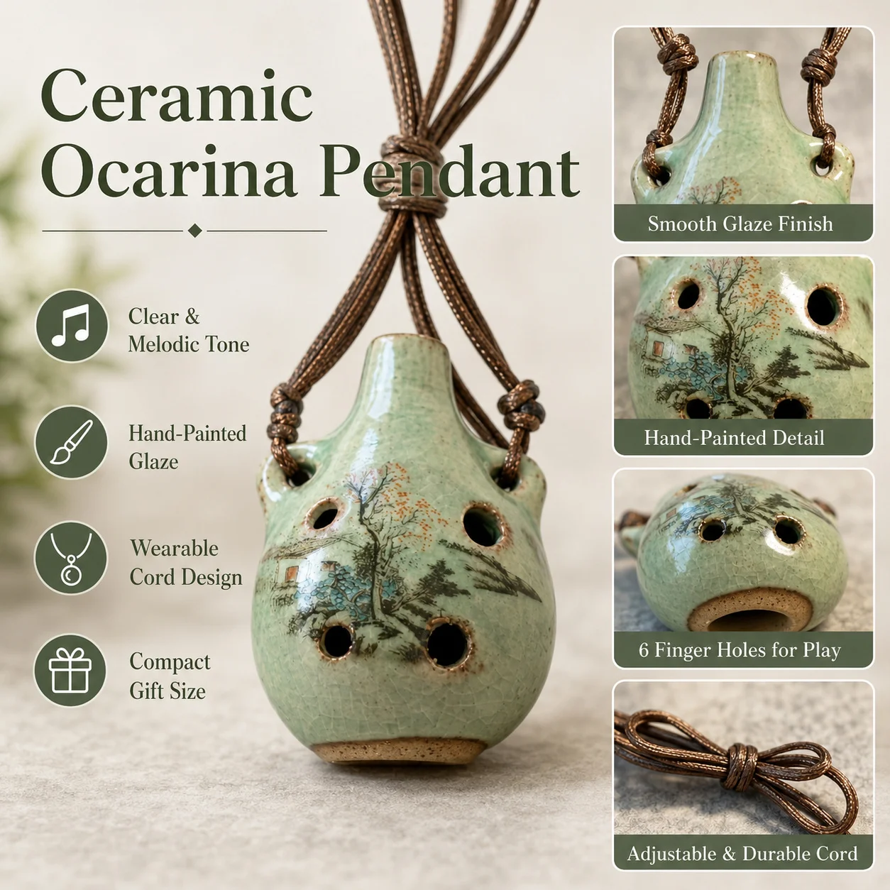 1‑Piece Set, 2026 New‑Style Handmade Chinese Porcelain Whistle Pendant Necklace. Traditional Jingdezhen Ceramic Wind‑Instrument Musical Jewelry, A Unique Gift For Friends, Music Enthusiasts And Mother's Day.