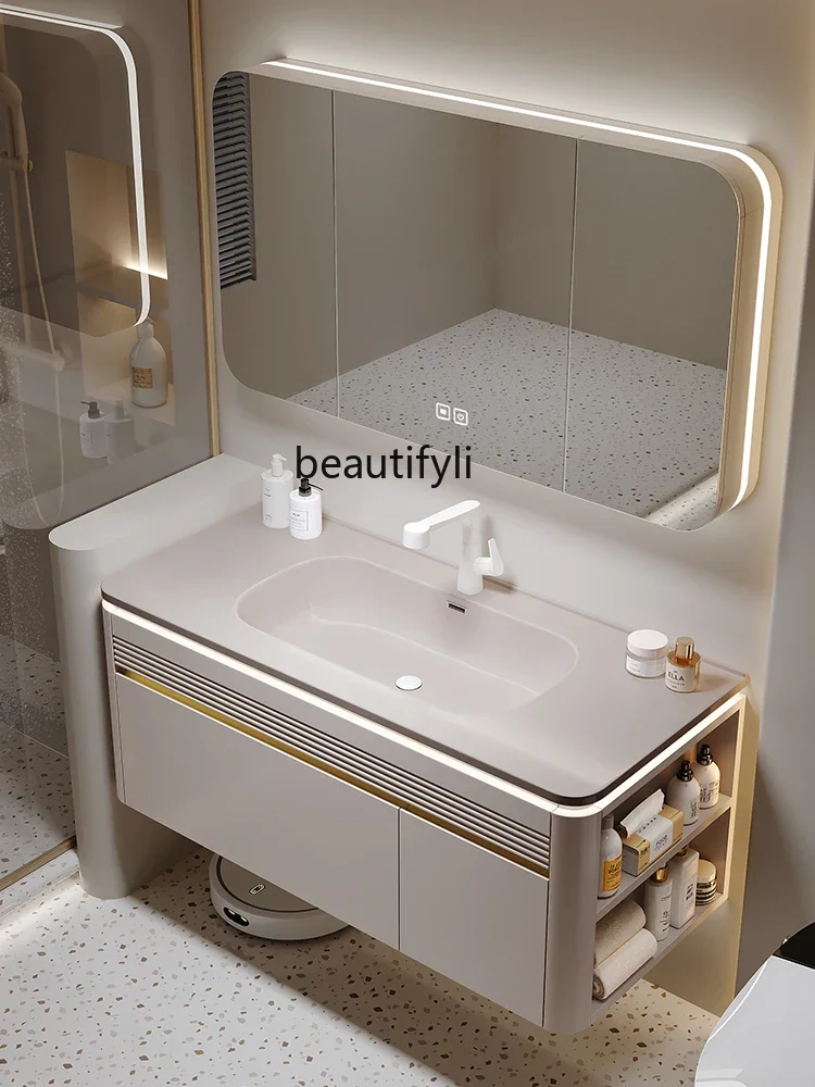 xqLight Luxury Bathroom Cabinet Ceramic Whole Washbin Combination Oak Wash Basin Pink Bathroom Wash Basin Cream Style