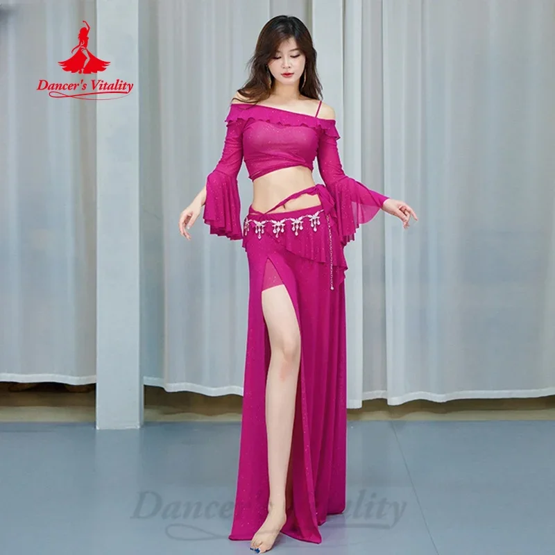 

Костюм для танца живота, осенне-зимний топ с длинными рукавами + сексуальная длинная юбка с разрезом, 2 предмета, одежда для тренировок по восточному танцам для взрослых