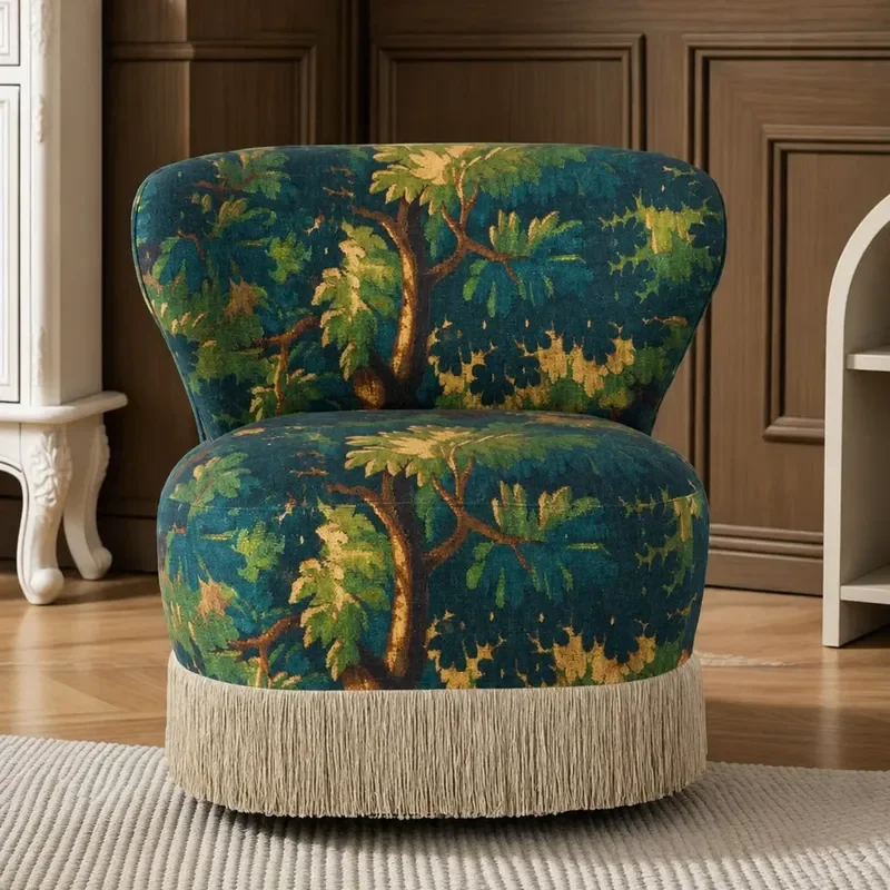 Medieval Printed Single Chair Villa Living Room Small Sofa Retro Solid Wood Single Chair Bedroom Leisure Chair