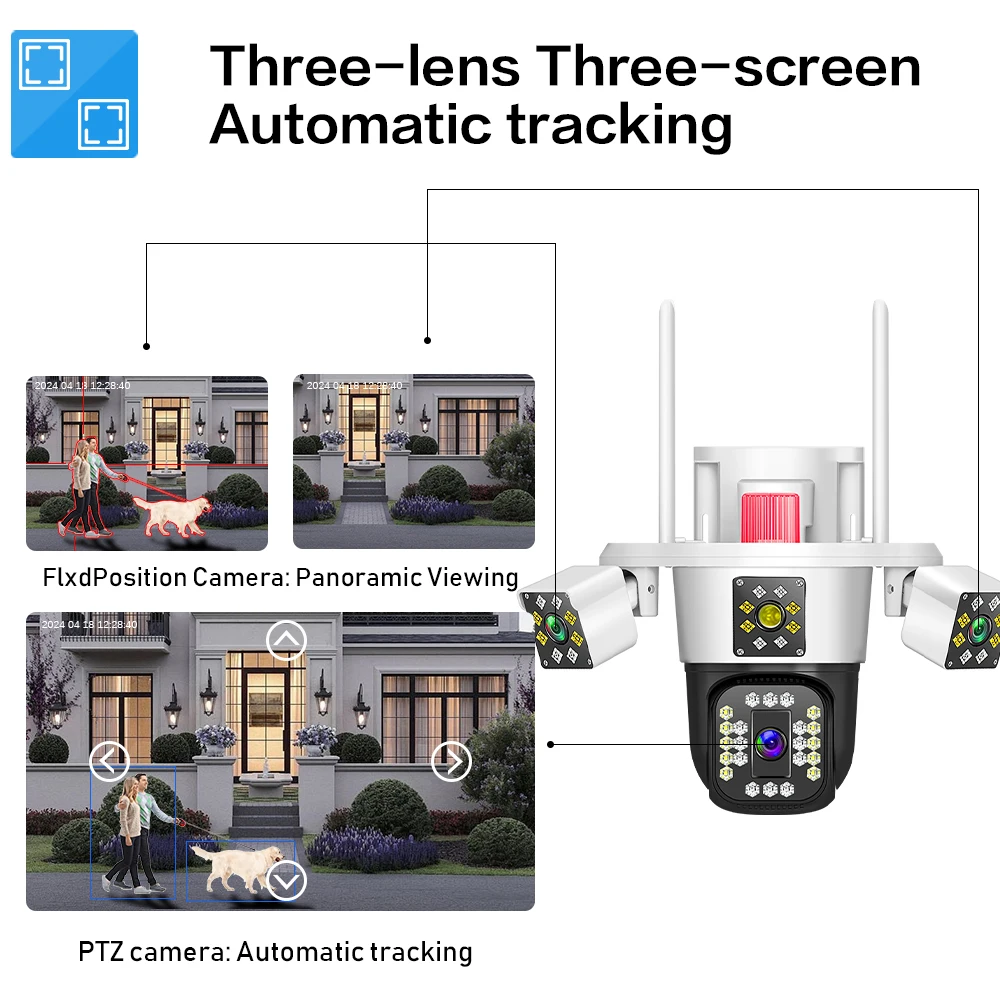 Linook 12MP, 4K, 4 lentes, cámara de monitoreo WiFi, cámara IP, cámara WiFi CCTV para exteriores, cámara de protección de seguridad WiFi