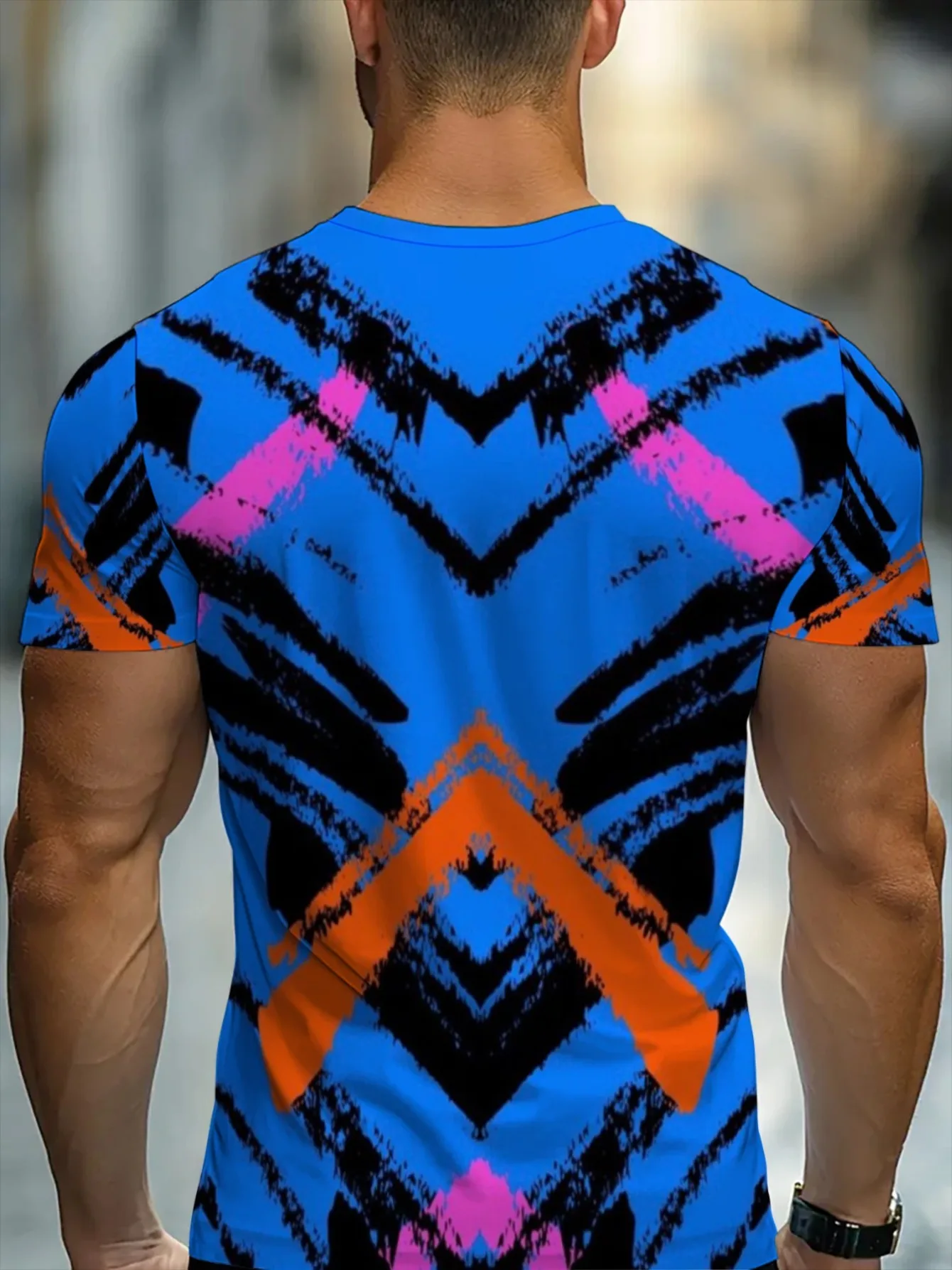 Men Bright Blue Pink Orange Brush Stroke Chevron Abstract 3D Print Crew Neck T Shirt Summer Short Sleeve Casual Tee