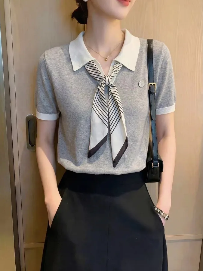 

Gray Ice Silk Short Sleeve Knitted Shirt Beautiful Summer New Women's Fashion Scarf Tied Unique Slimming Top