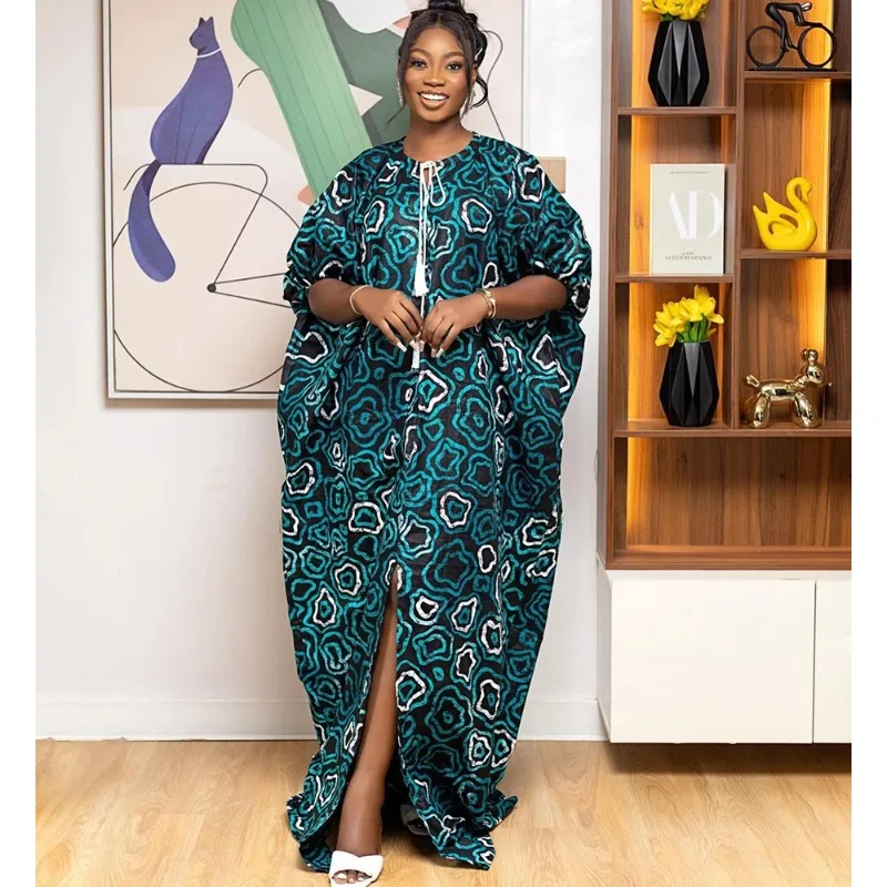 African Dresses For Women Traditional Plus Size Africa Clothing Loose Print Lace Up Coollar Maxi Dress Robe