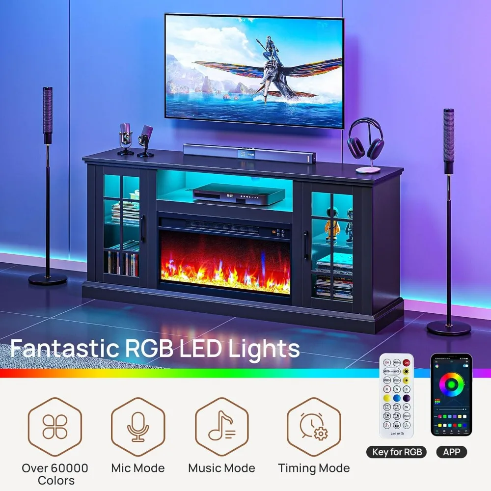 Fireplace TV Stand with Led and Power Outlets, Black Entertainment Center with Electric Fireplace for 45/50/55/60/65/70 inch