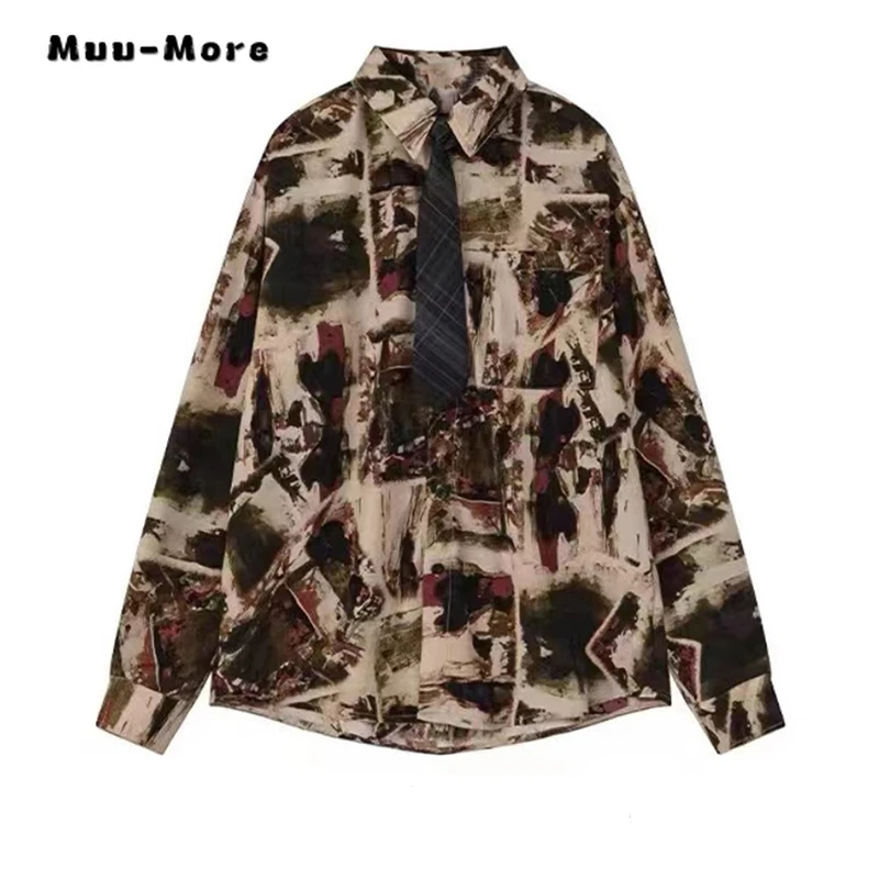 

American Retro Printting Turn-down Collar Loose Blouses 2024 Spring Women's Casual High Street Long Sleeve Baggy Shirts Top