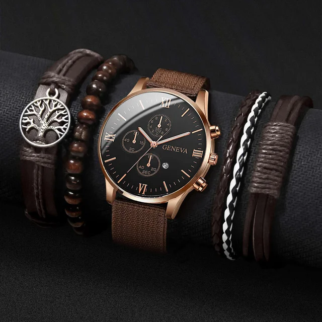 4/5 sztuk modne męskie zegarki Casual nylonowy skórzany pasek męski zegarek kwarcowy zestaw bransoletek Reloj Hombre (bez pudełka)