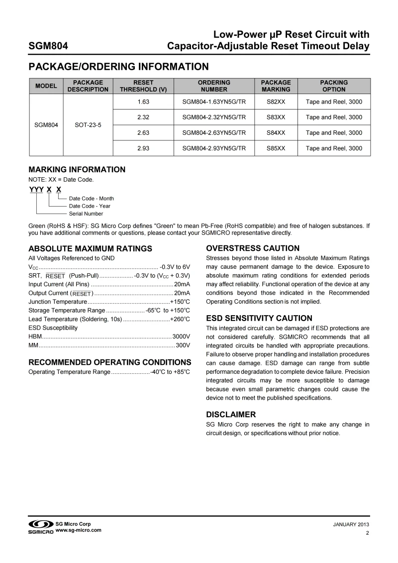 50Pcs SGM804-2.32YN5G/TR SOT-23-5,2.32V,Marking::S83**,Low-Power µP Reset Circuit with Capacitor-Adjustable Reset Timeout Delay