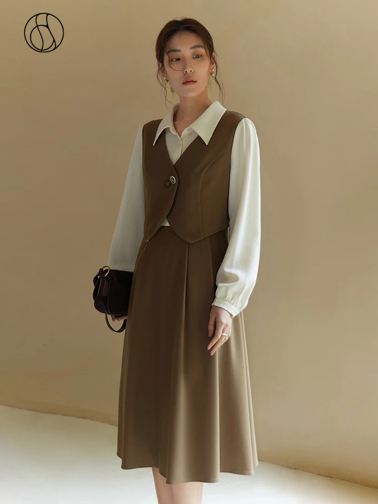 

DUSHU Fake Two Piece Vintage Dress Winter 2023 New Vest Panel Shirt Lapel Pleated Dress khaki Women Dress Casual Loose