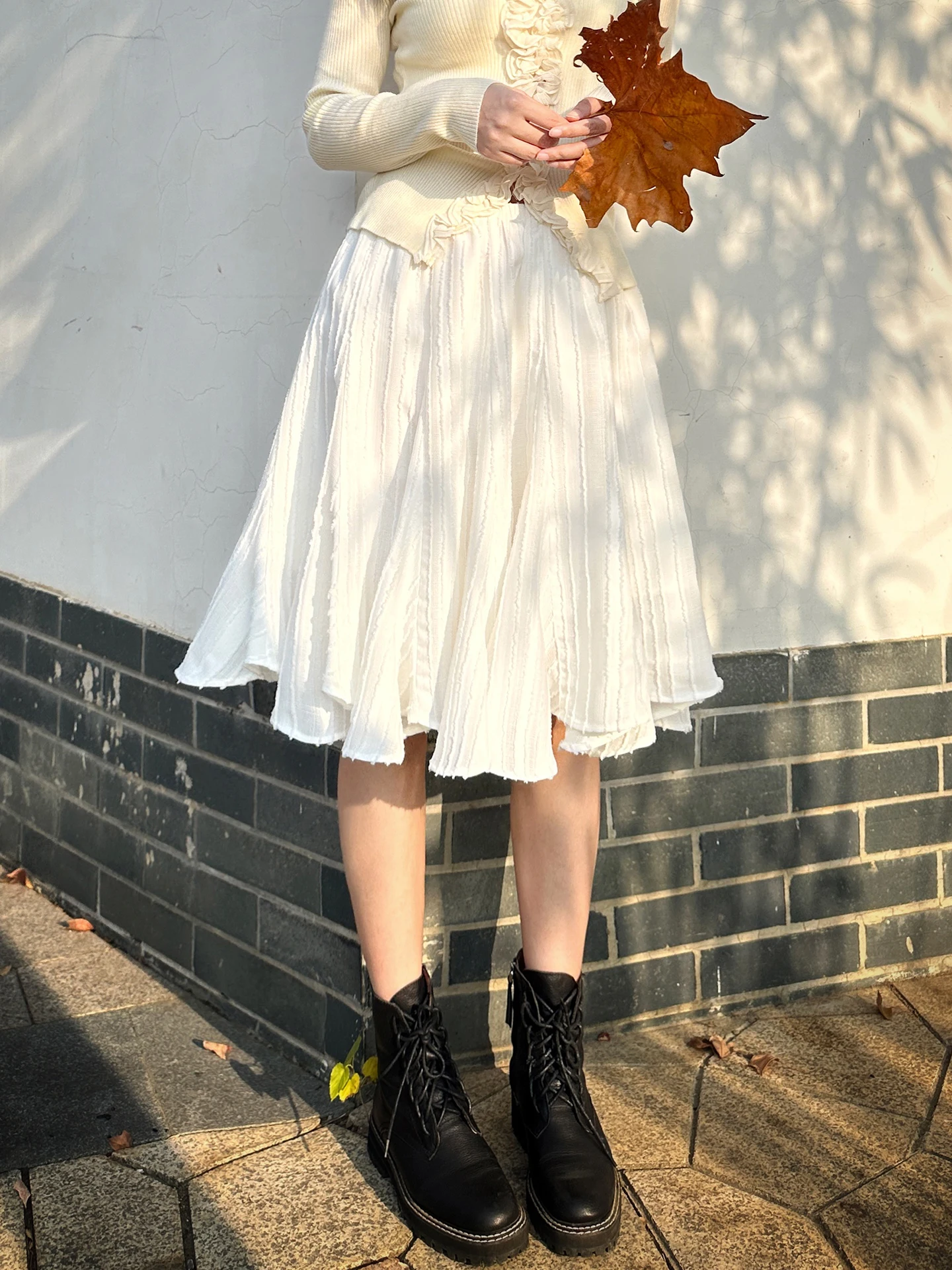 

Retro Sle High Waist A-Line Midi Skirt Women's Flared Hem White Polyester Fiber Elastic High Elastici Busin Casual Skirt