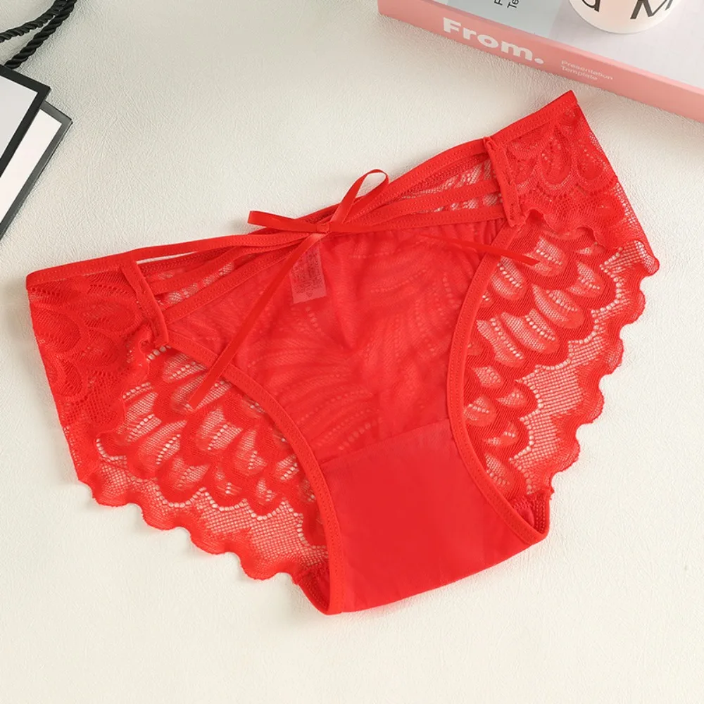 Breathable Low Waist Lace Panties Bow Transparent Underwear for Women Cotton Crotch Lingerie Mesh Flower Briefs Girl