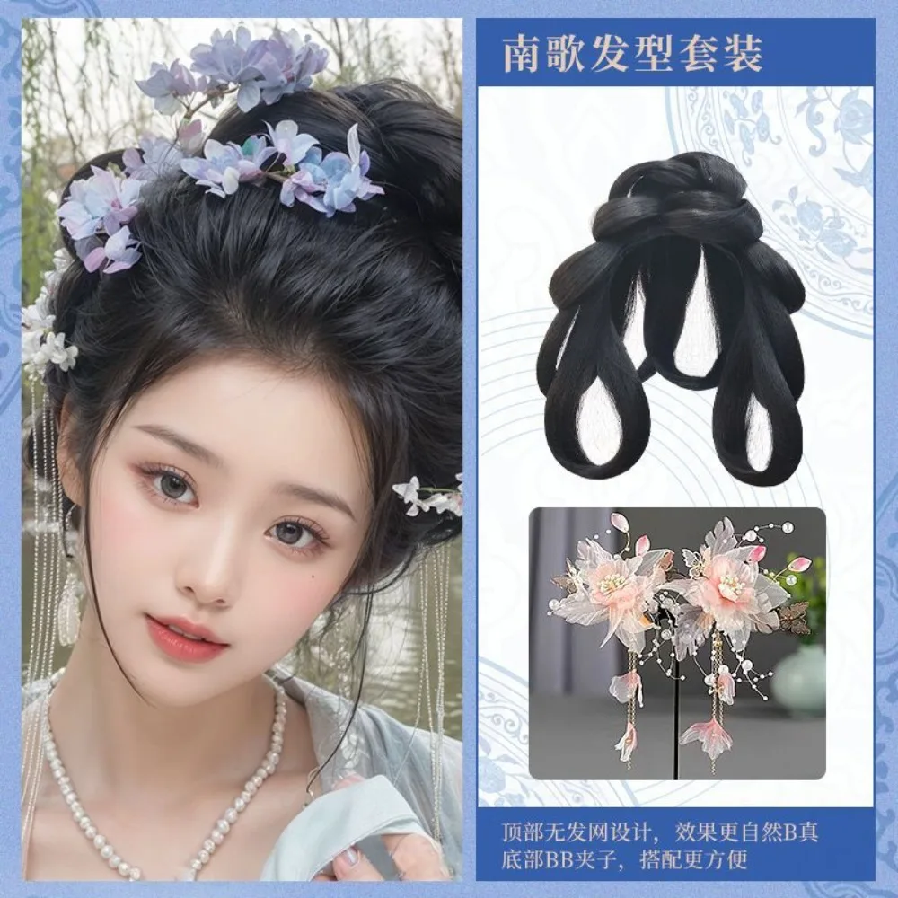 청나라 게게 헤어피스 - 장식용 빵과 끈이 있는 중국 전통 만주 한푸 가발(올인원 클립)