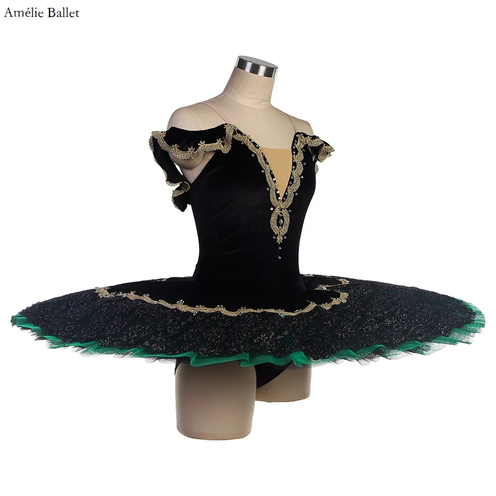 Bll551 corpete de veludo preto com ombro de fora, tutu de balé pré-profissional com acabamento dourado, tutu de balé perforamcne, tule vermelho/verde