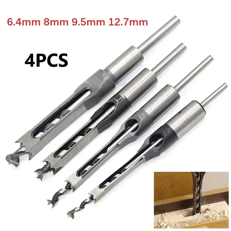 4-pack-square-hole-auger-drill-bit-set-for-woodworking-mortising-steel-chisels-with-3-4-collar-1-4-5-16-3-8-1-2