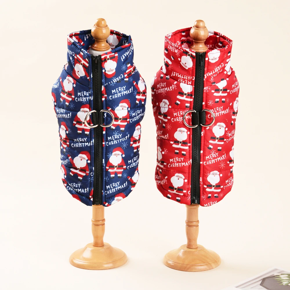 Christmas Warm Dog Jacket For Small Medium Dogs Cats Windproof Waterproof Santa Claus Print Puppy Clothes With D-ring Pet Coat